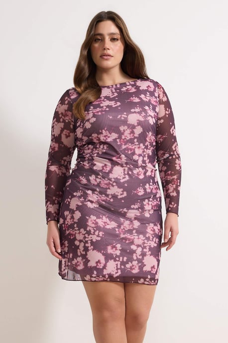 Trendyol Curve Damen Bordeaux Geblümt Kurz / Mini Lang Casual A-Linie Große Größen Kleid - Image 1
