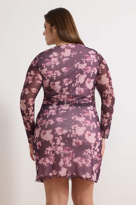 Trendyol Curve Damen Bordeaux Geblümt Kurz / Mini Lang Casual A-Linie Große Größen Kleid - Image 3