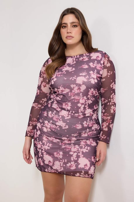 Trendyol Curve Damen Bordeaux Geblümt Kurz / Mini Lang Casual A-Linie Große Größen Kleid - Image 6