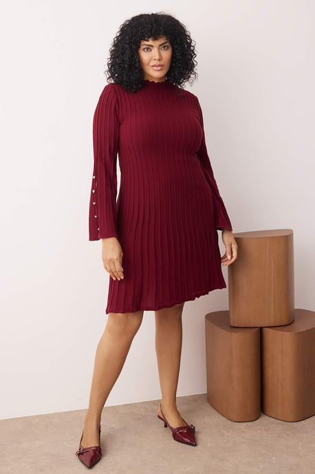 Trendyol Curve Damen Bordeaux Einfarbig Kurz / Mini Lang Casual A-Linie Große Größen Kleid - Image 1