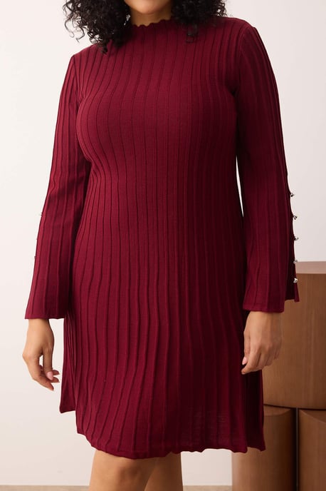 Trendyol Curve Damen Bordeaux Einfarbig Kurz / Mini Lang Casual A-Linie Große Größen Kleid - Image 2