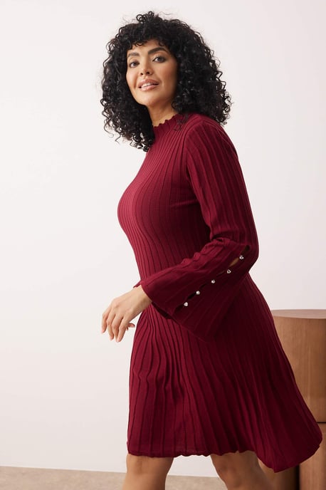 Trendyol Curve Damen Bordeaux Einfarbig Kurz / Mini Lang Casual A-Linie Große Größen Kleid - Image 6