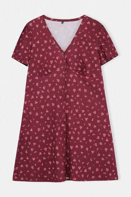 Trendyol Curve Damen Bordeaux Geblümt Kurz / Mini Kurz Casual Skater Große Größen Kleid - Image 3