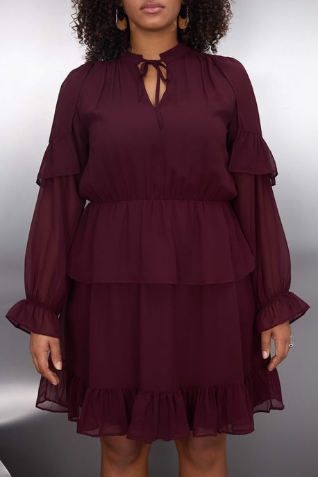 Trendyol Curve Damen Bordeaux Einfarbig Kurz / Mini Lang Elegant/Abend A-Linie Große Größen Kleid - Image 3