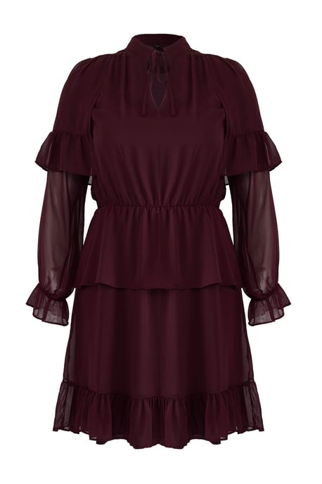 Trendyol Curve Damen Bordeaux Einfarbig Kurz / Mini Lang Elegant/Abend A-Linie Große Größen Kleid - Image 5