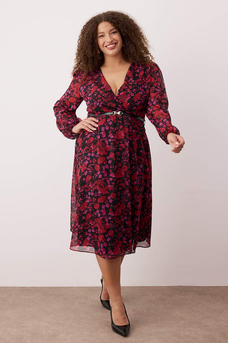 Trendyol Curve Damen Bordeaux Geblümt Kurz / Mini Lang Abend / Alltag Zweireihig Große Größen Kleid - Image 1