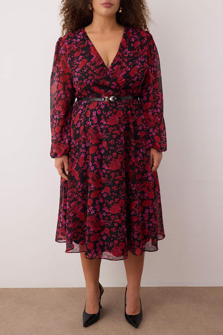 Trendyol Curve Damen Bordeaux Geblümt Kurz / Mini Lang Abend / Alltag Zweireihig Große Größen Kleid - Image 2