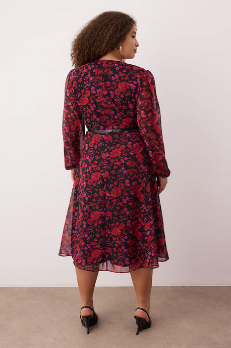 Trendyol Curve Damen Bordeaux Geblümt Kurz / Mini Lang Abend / Alltag Zweireihig Große Größen Kleid - Image 3