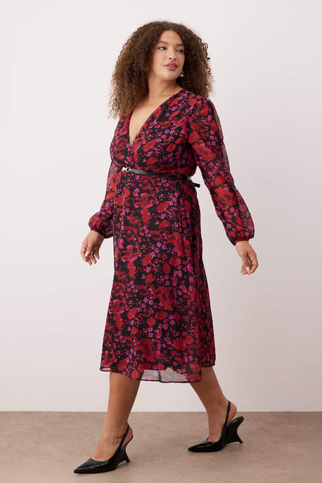 Trendyol Curve Damen Bordeaux Geblümt Kurz / Mini Lang Abend / Alltag Zweireihig Große Größen Kleid - Image 6