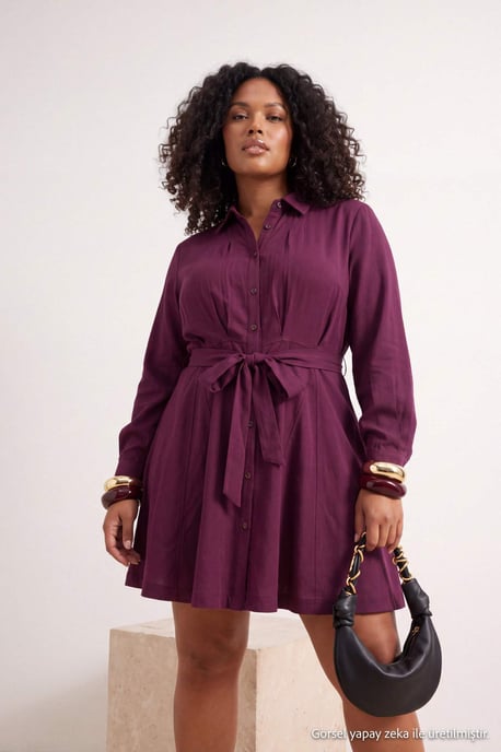Trendyol Curve Damen Bordeaux Einfarbig Kurz / Mini Lang Casual Hemdblusenkleid Große Größen Kleid - Image 2