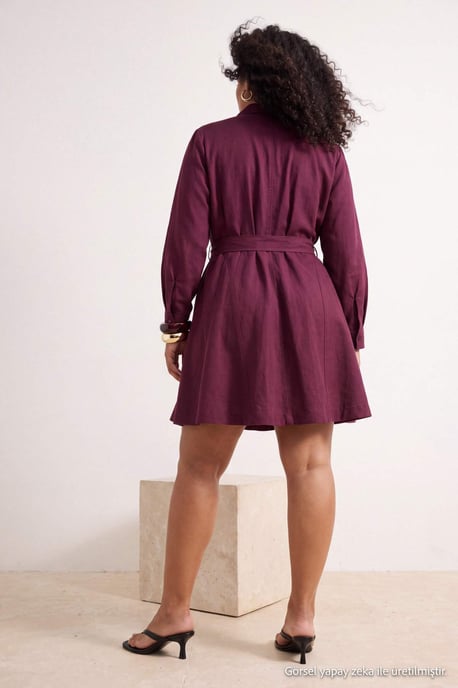 Trendyol Curve Damen Bordeaux Einfarbig Kurz / Mini Lang Casual Hemdblusenkleid Große Größen Kleid - Image 3