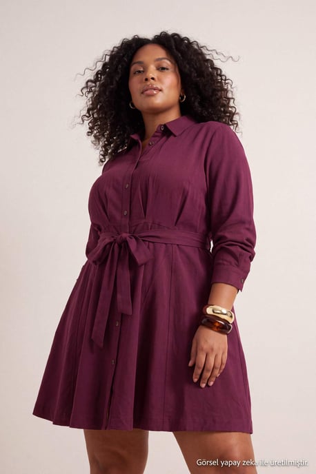 Trendyol Curve Damen Bordeaux Einfarbig Kurz / Mini Lang Casual Hemdblusenkleid Große Größen Kleid - Image 6