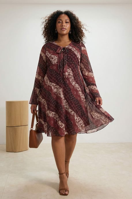 Trendyol Curve Damen Bordeaux Geblümt Kurz / Mini Lang Casual A-Linie Große Größen Kleid - Image 1