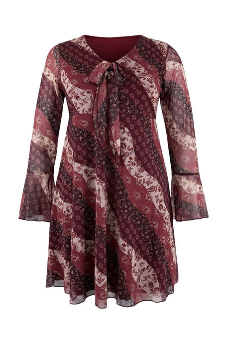 Trendyol Curve Damen Bordeaux Geblümt Kurz / Mini Lang Casual A-Linie Große Größen Kleid - Image 2