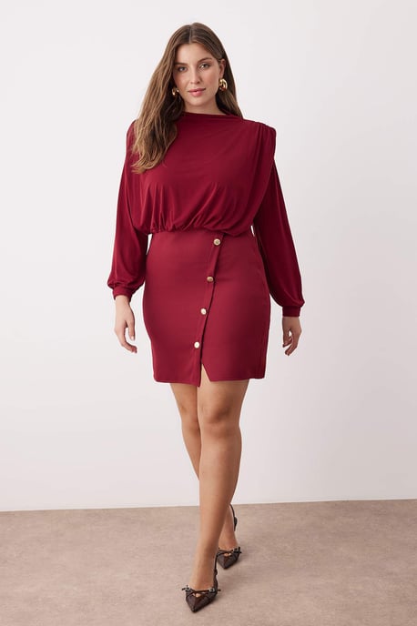 Trendyol Curve Damen Bordeaux Einfarbig Kurz / Mini Lang Casual A-Linie Große Größen Kleid - Image 6