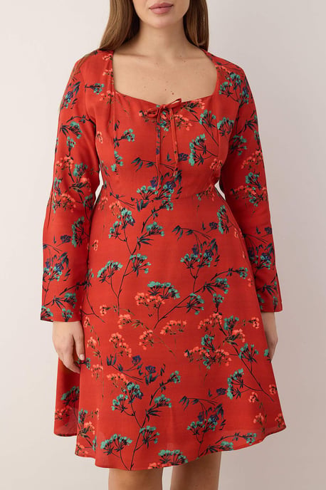 Trendyol Curve Damen Bordeaux Geblümt Kurz / Mini Lang Casual A-Linie Große Größen Kleid - Image 2