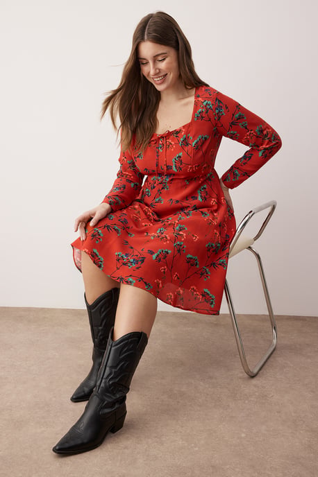 Trendyol Curve Damen Bordeaux Geblümt Kurz / Mini Lang Casual A-Linie Große Größen Kleid - Image 6