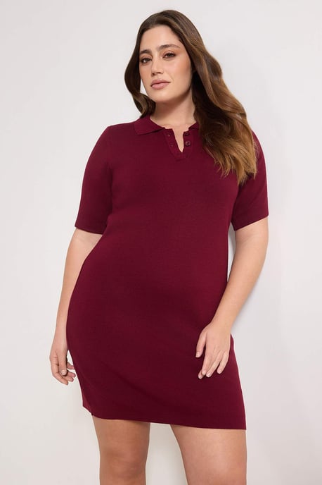 Trendyol Curve Damen Bordeaux Einfarbig Kurz / Mini Kurz Casual Gerade Große Größen Kleid - Image 6