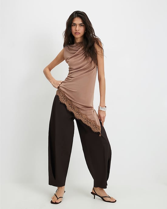 River Island Damen Tunika Braun Spitzenbesatz Asymmetrisch - Image 4