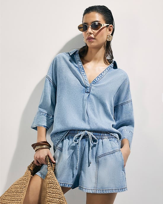 River Island Damen-Tunika Blau Denim Kurzarm - Image 2