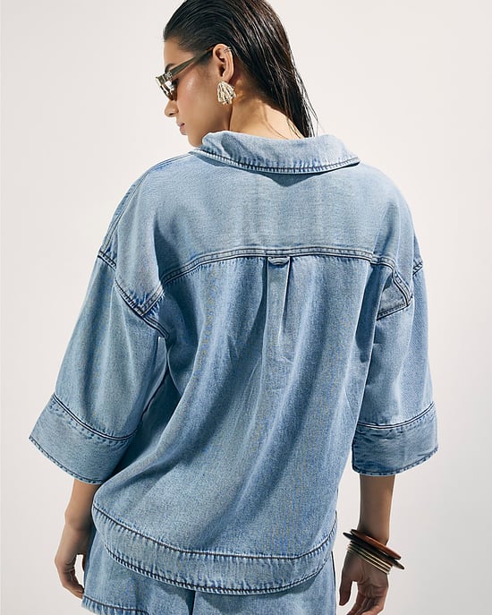 River Island Damen-Tunika Blau Denim Kurzarm - Image 3