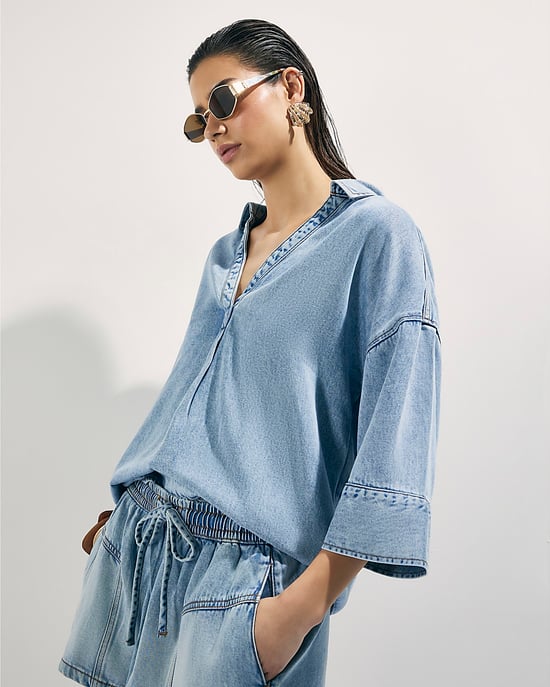 River Island Damen-Tunika Blau Denim Kurzarm - Image 4