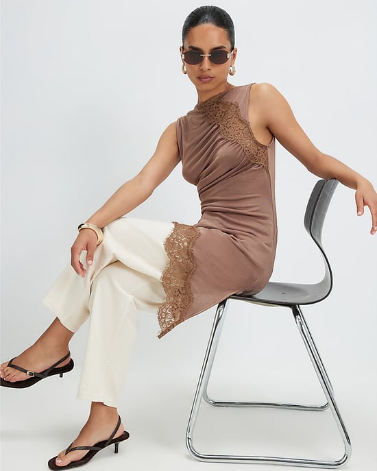 River Island Damen Tunika Petite Braun Spitzenbesatz Asymmetrisch - Image 2