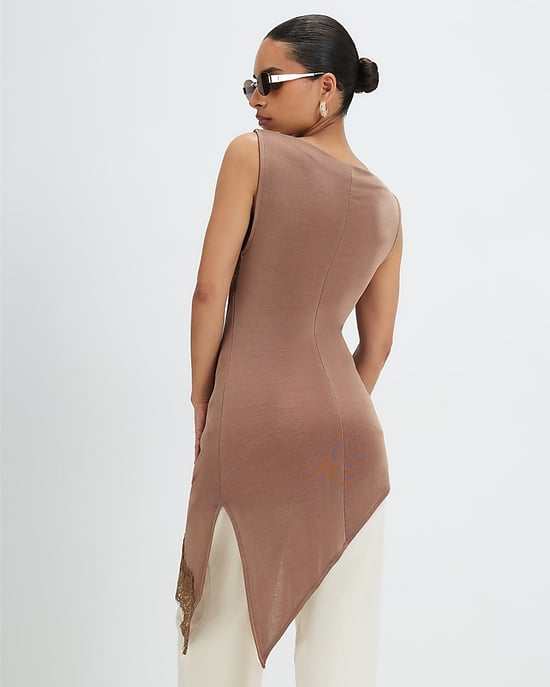 River Island Damen Tunika Petite Braun Spitzenbesatz Asymmetrisch - Image 3