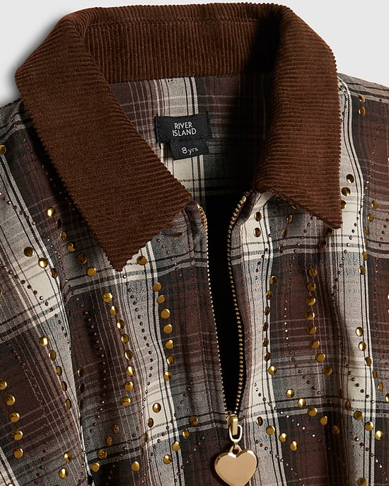 River Island Mädchenjacke Braun Kariert Mit Nieten Und Kragen - Image 2