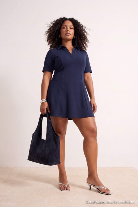 Trendyol Curve Damen Dunkelblau Einfarbig Kurz / Mini 3/4-Arm A-Linie Große Größen Kleid - Image 2
