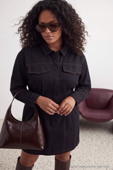 Trendyol Curve Damen Dunkelblau Einfarbig Kurz / Mini Lang A-Linie Große Größen Kleid - Image 2