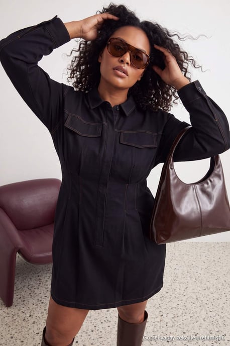 Trendyol Curve Damen Dunkelblau Einfarbig Kurz / Mini Lang A-Linie Große Größen Kleid - Image 3