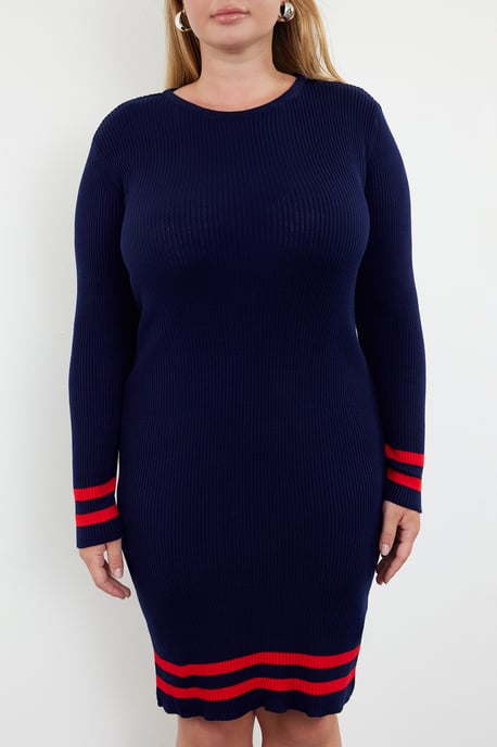 Trendyol Curve Damen Dunkelblau Gestreift Kurz / Mini Lang Casual Bodycon Große Größen Kleid - Image 2
