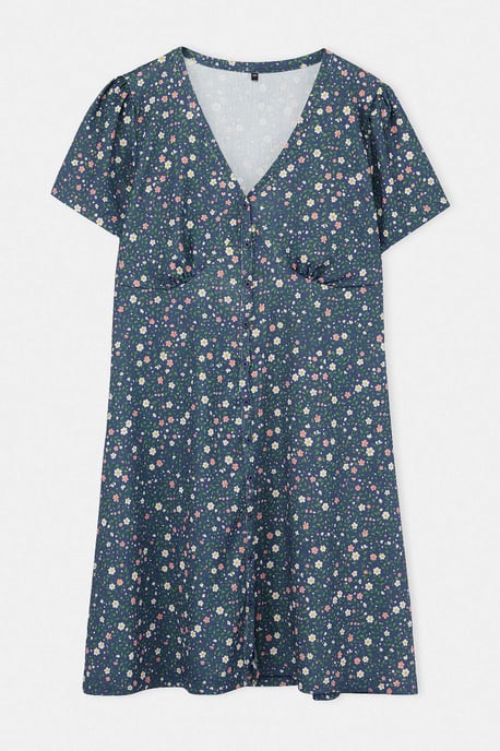 Trendyol Curve Damen Dunkelblau Geblümt Kurz / Mini Kurz Casual Skater Große Größen Kleid - Image 4
