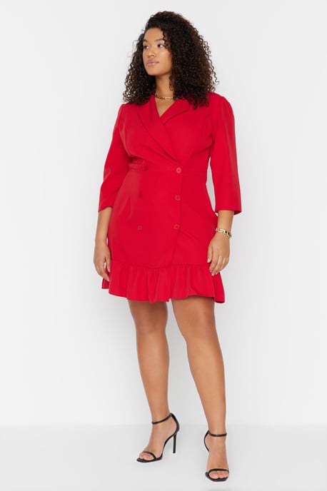 Trendyol Curve Damen Rot Einfarbig Kurz / Mini 3/4-Arm Casual Blazer Kleid Große Größen Kleid - Image 1