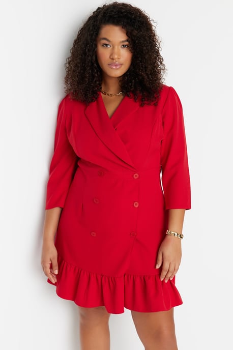 Trendyol Curve Damen Rot Einfarbig Kurz / Mini 3/4-Arm Casual Blazer Kleid Große Größen Kleid - Image 2