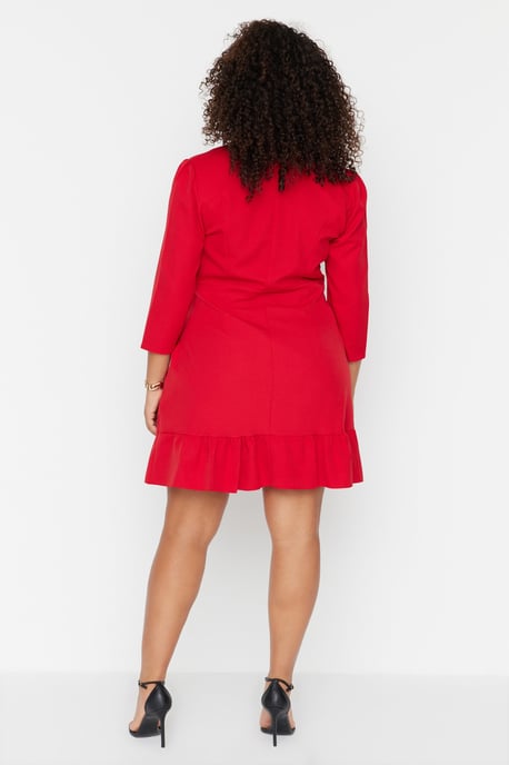 Trendyol Curve Damen Rot Einfarbig Kurz / Mini 3/4-Arm Casual Blazer Kleid Große Größen Kleid - Image 4