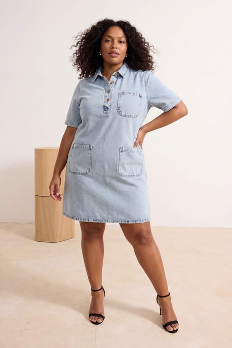 Trendyol Curve Damen Blau Einfarbig Kurz / Mini Kurz Casual Hemdblusenkleid Große Größen Kleid - Image 1