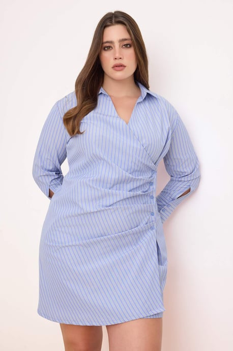 Trendyol Curve Damen Blau Gestreift Kurz / Mini Lang Casual Hemdblusenkleid Große Größen Kleid - Image 6
