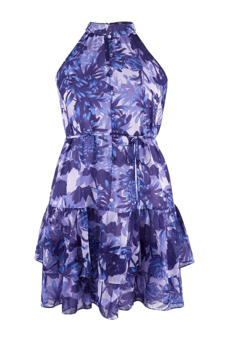 Trendyol Curve Damen Blau Geblümt Kurz / Mini Ärmellos Casual A-Linie Große Größen Kleid - Image 3
