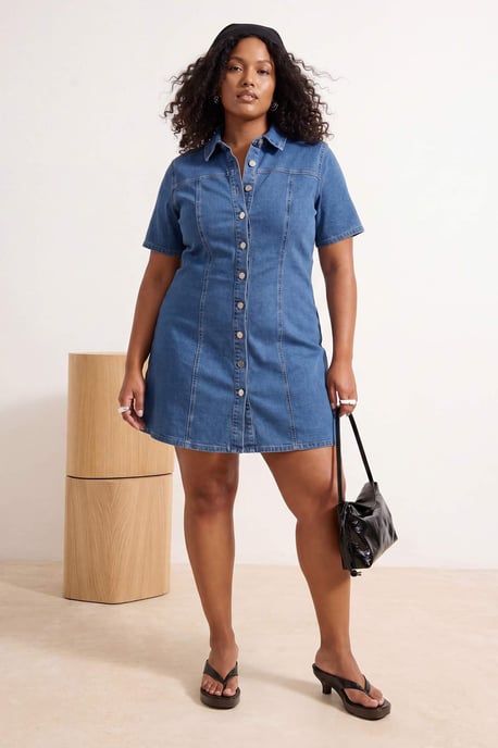 Trendyol Curve Damen Blau Einfarbig Kurz / Mini Kurz A-Linie Große Größen Kleid - Image 6