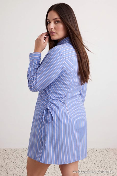 Trendyol Curve Damen Blau Gestreift Kurz / Mini Lang Gerade Große Größen Kleid - Image 2