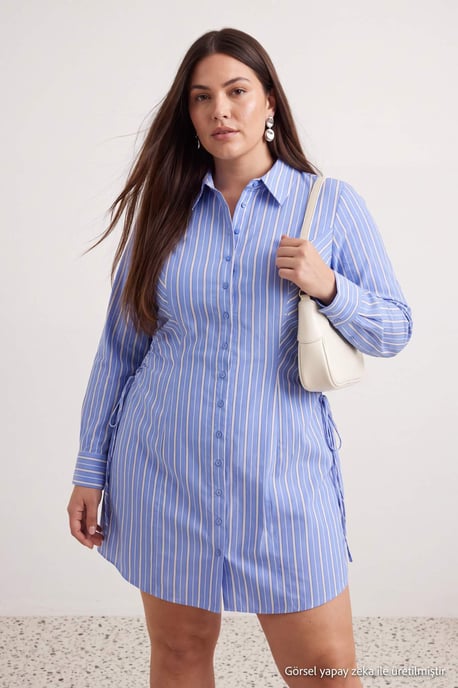 Trendyol Curve Damen Blau Gestreift Kurz / Mini Lang Gerade Große Größen Kleid - Image 4