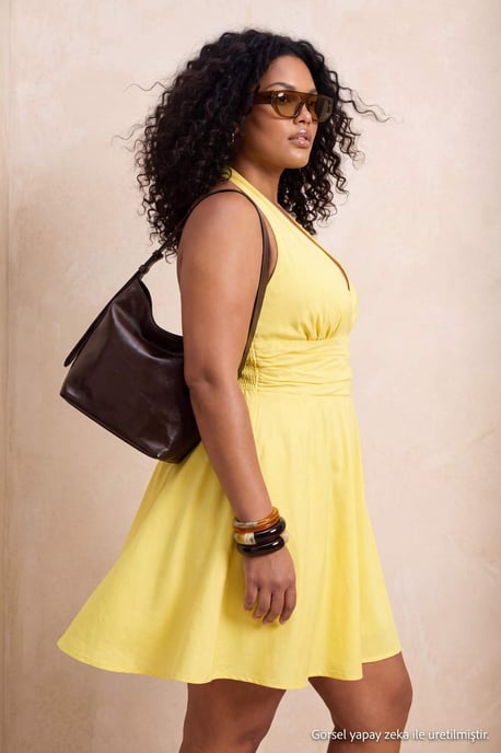 Trendyol Curve Damen Gelb Einfarbig Kurz / Mini Ärmellos Skater Große Größen Kleid - Image 6