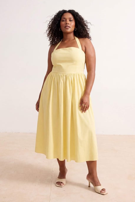 Trendyol Curve Damen Gelb Einfarbig Kurz / Mini Ärmellos Casual A-Linie Große Größen Kleid - Image 6