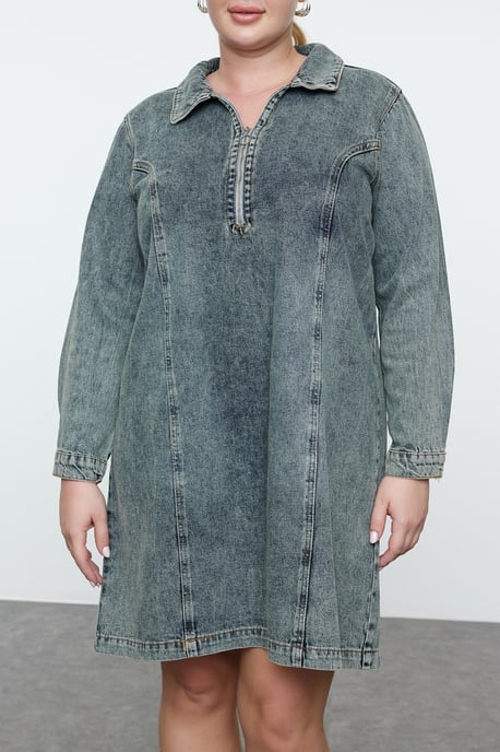 Trendyol Curve Damen Blau Einfarbig Kurz / Mini Lang Casual Gerade Große Größen Kleid - Image 2