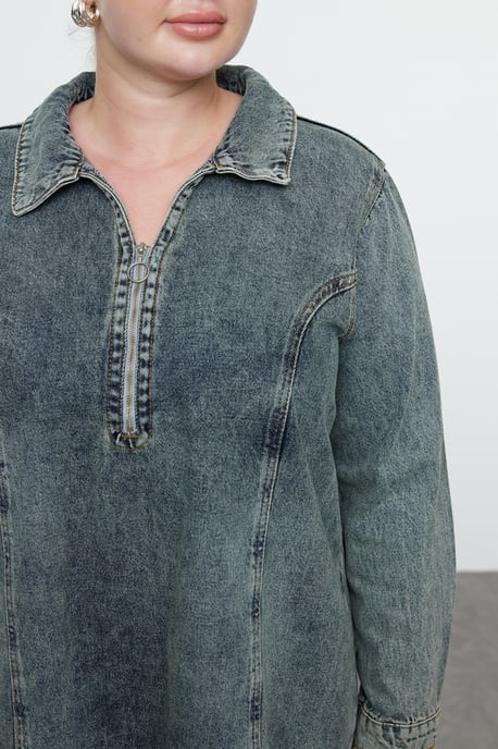 Trendyol Curve Damen Blau Einfarbig Kurz / Mini Lang Casual Gerade Große Größen Kleid - Image 3