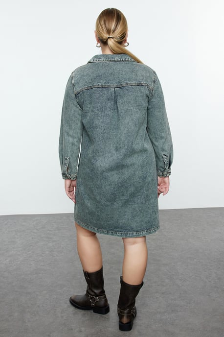 Trendyol Curve Damen Blau Einfarbig Kurz / Mini Lang Casual Gerade Große Größen Kleid - Image 4