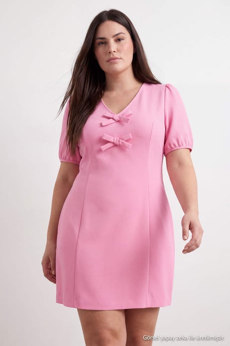 Trendyol Curve Damen Rosa Einfarbig Kurz / Mini 3/4-Arm Skater Große Größen Kleid - Image 3