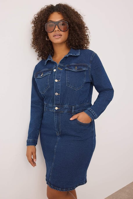 Trendyol Curve Damen Blau Einfarbig Kurz / Mini Lang Casual Hemdblusenkleid Große Größen Kleid - Image 4